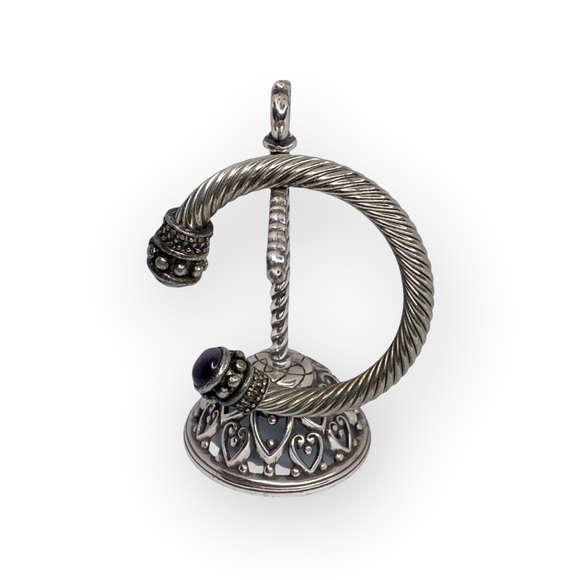 Vintage: Purple Cats Eye Cabochon Gems ❁ Twisted Silver Cable Bangle Bracelet ❁ - Picture 6 of 16